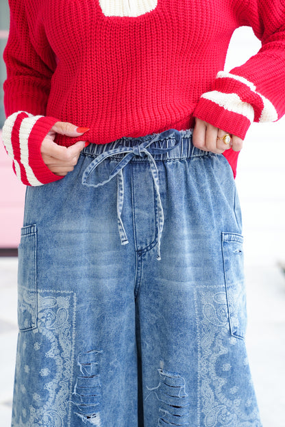 Distressed Patchwork Print Elastic Waist Wide Leg Pants