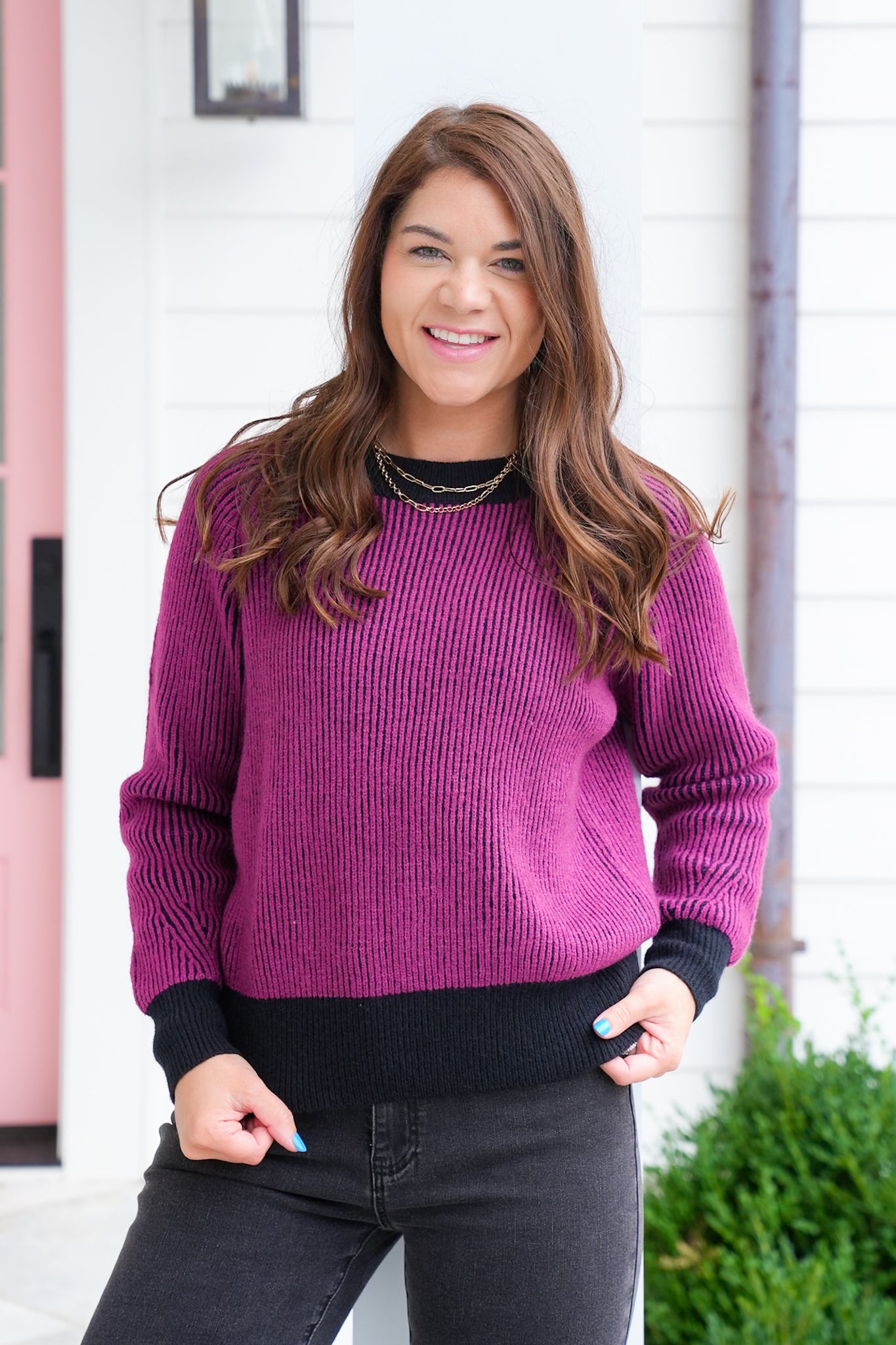 Contrast Ribbed Long Sleeve Pullover Sweater