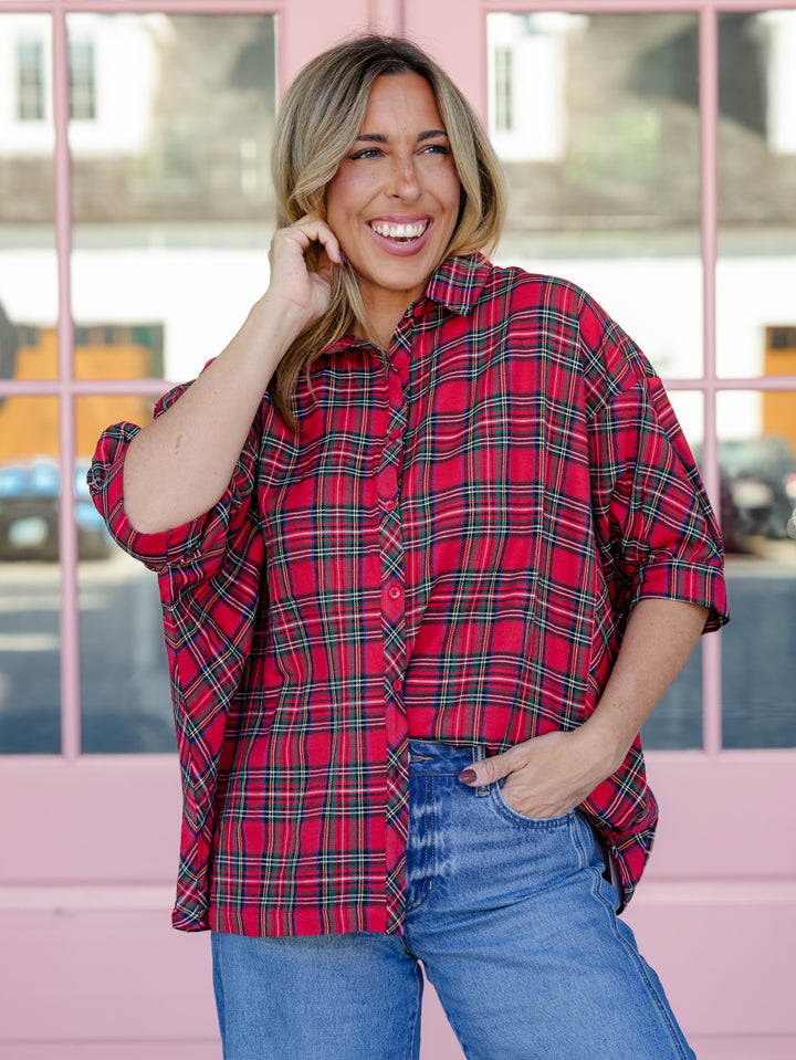 Plus/Reg Plaid Short Sleeve Button Down Top