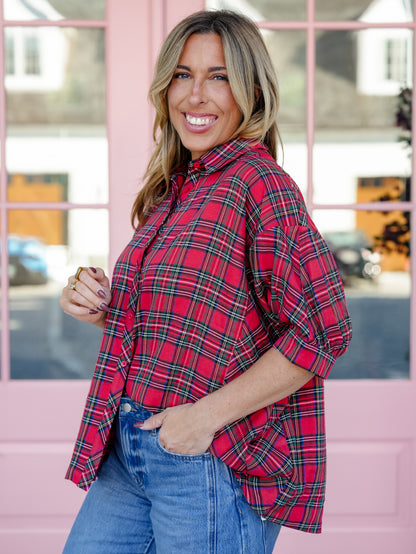 Plus/Reg Plaid Short Sleeve Button Down Top