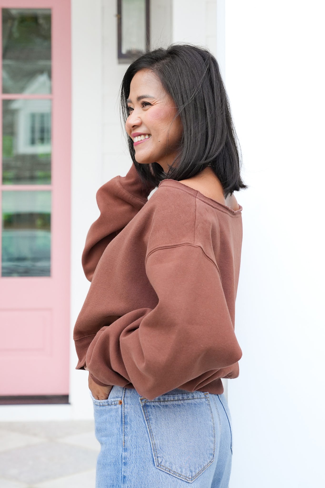 Door Buster! Solid Long Sleeve Boat Neck Sweatshirt