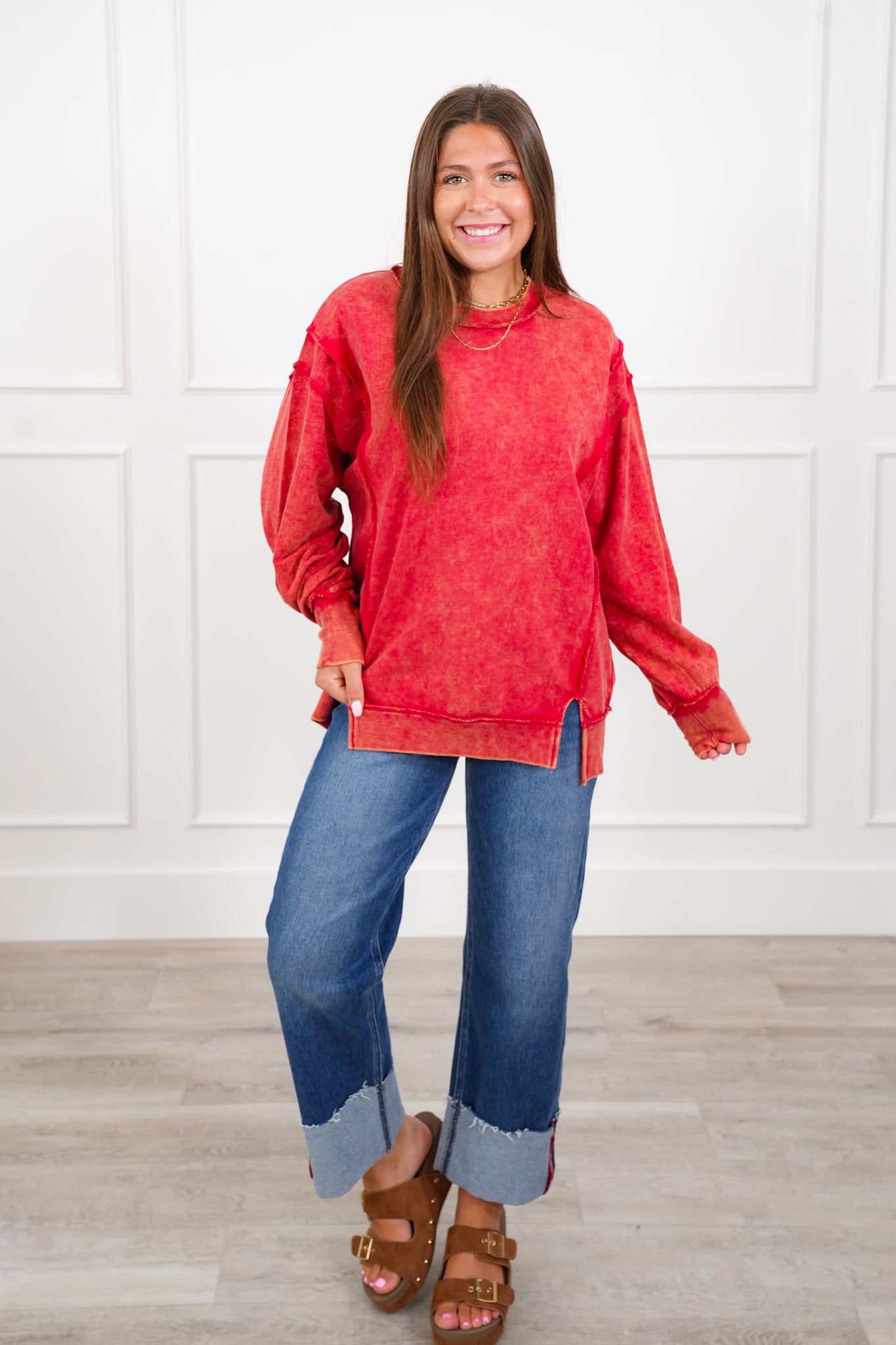 Door Busters! Plus/Reg Zenana Acid Wash Terry Exposed Seam Sweatshirt