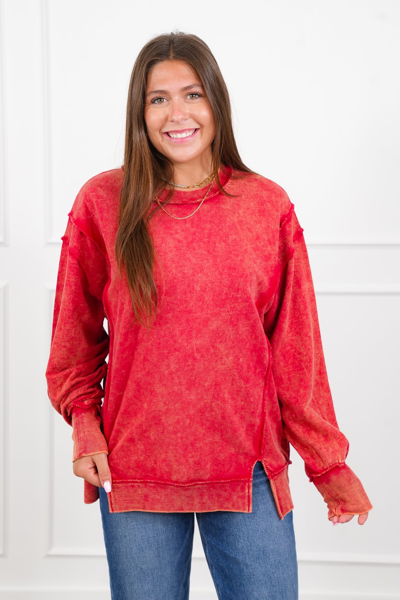 Door Busters! Plus/Reg Zenana Acid Wash Terry Exposed Seam Sweatshirt