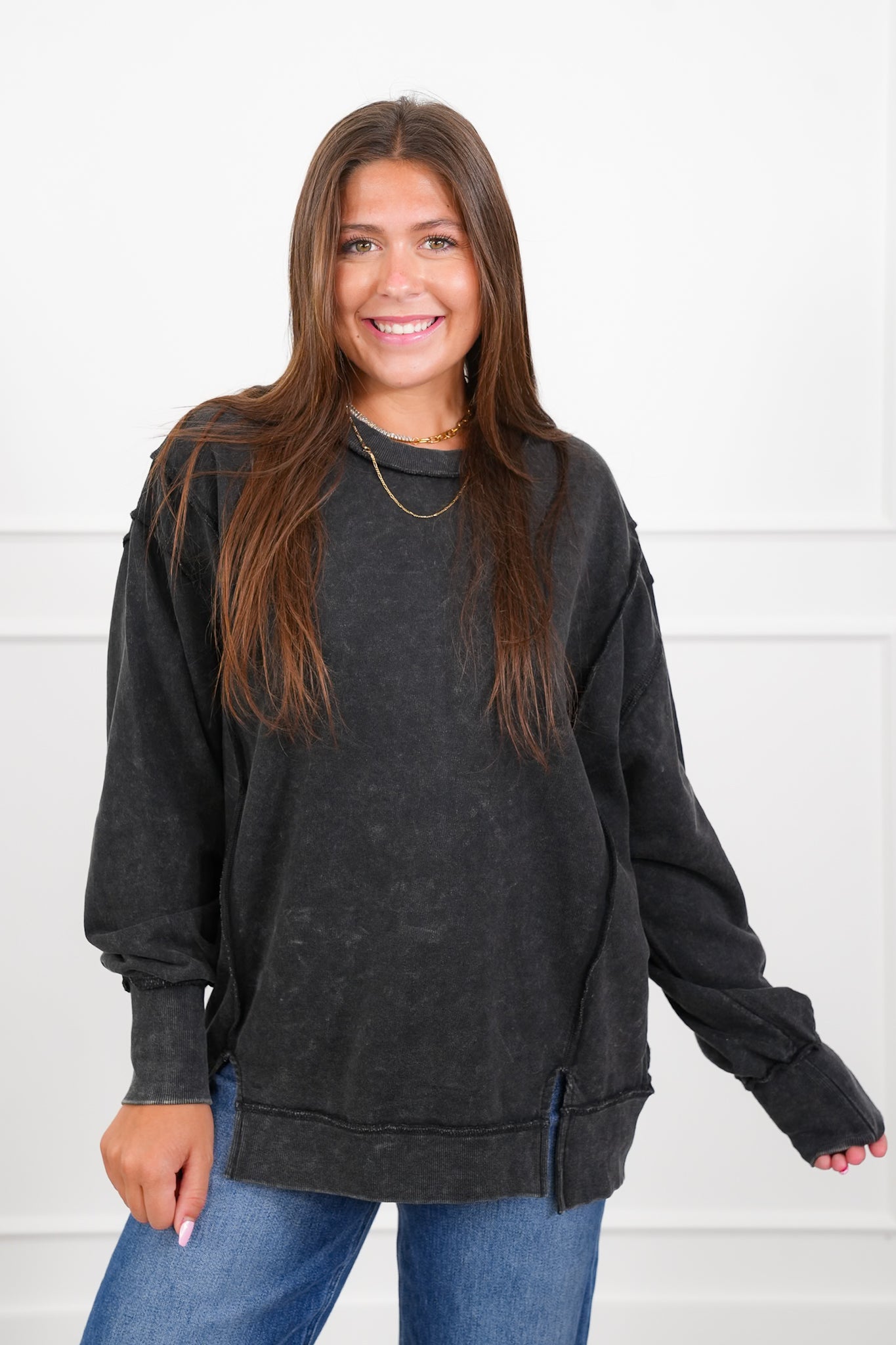 Door Busters! Plus/Reg Zenana Acid Wash Terry Exposed Seam Sweatshirt