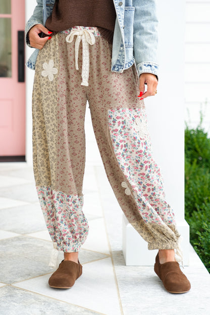 POL Floral Patchwork Elastic Waist Woven Pants