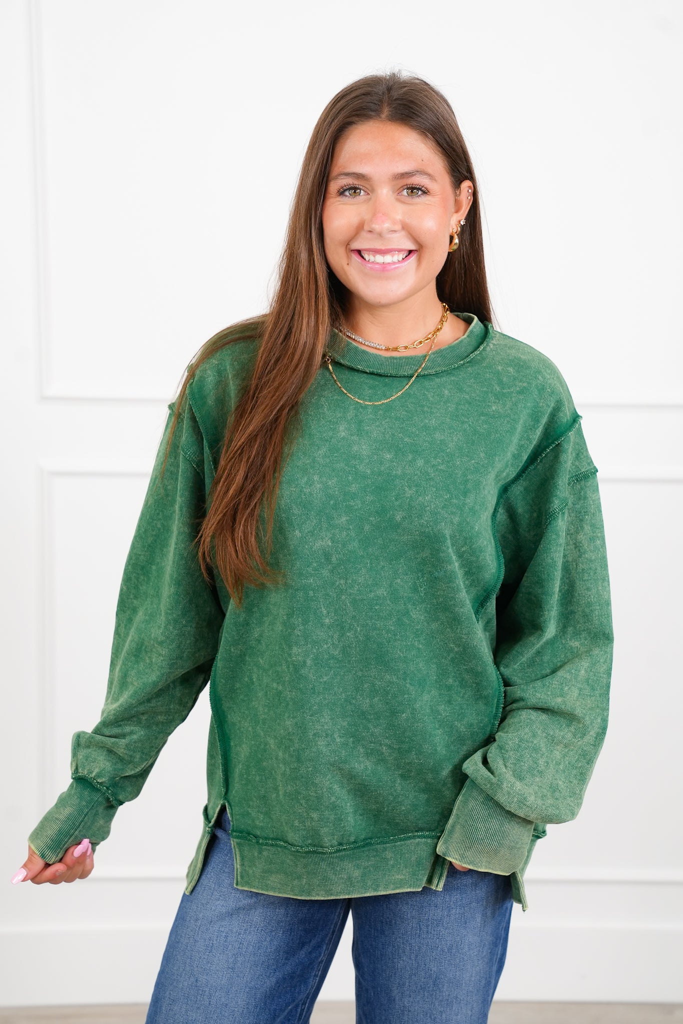 Door Busters! Plus/Reg Zenana Acid Wash Terry Exposed Seam Sweatshirt