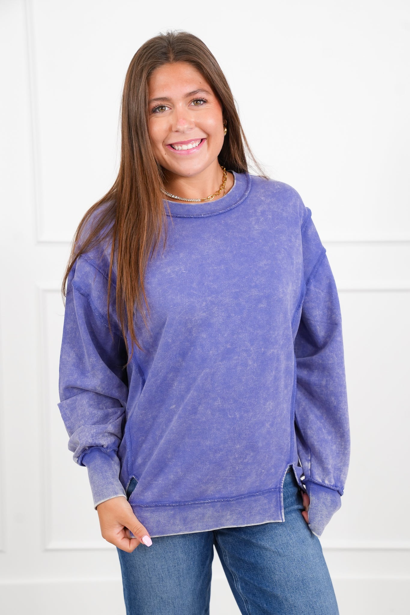 Door Busters! Plus/Reg Zenana Acid Wash Terry Exposed Seam Sweatshirt