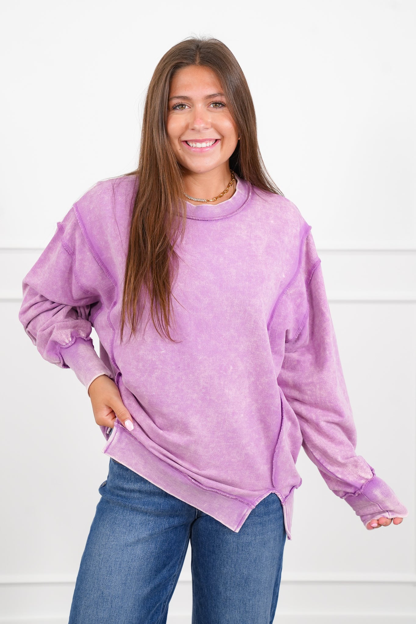 Door Busters! Plus/Reg Zenana Acid Wash Terry Exposed Seam Sweatshirt