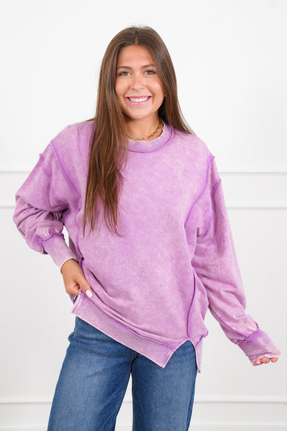 Door Busters! Plus/Reg Zenana Acid Wash Terry Exposed Seam Sweatshirt