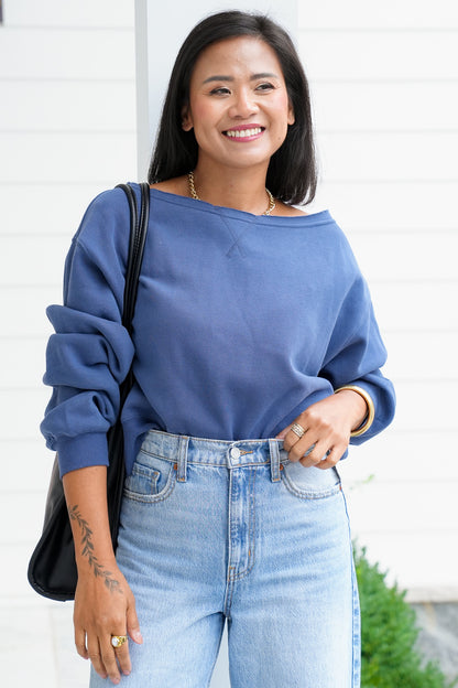 Door Buster! Solid Long Sleeve Boat Neck Sweatshirt