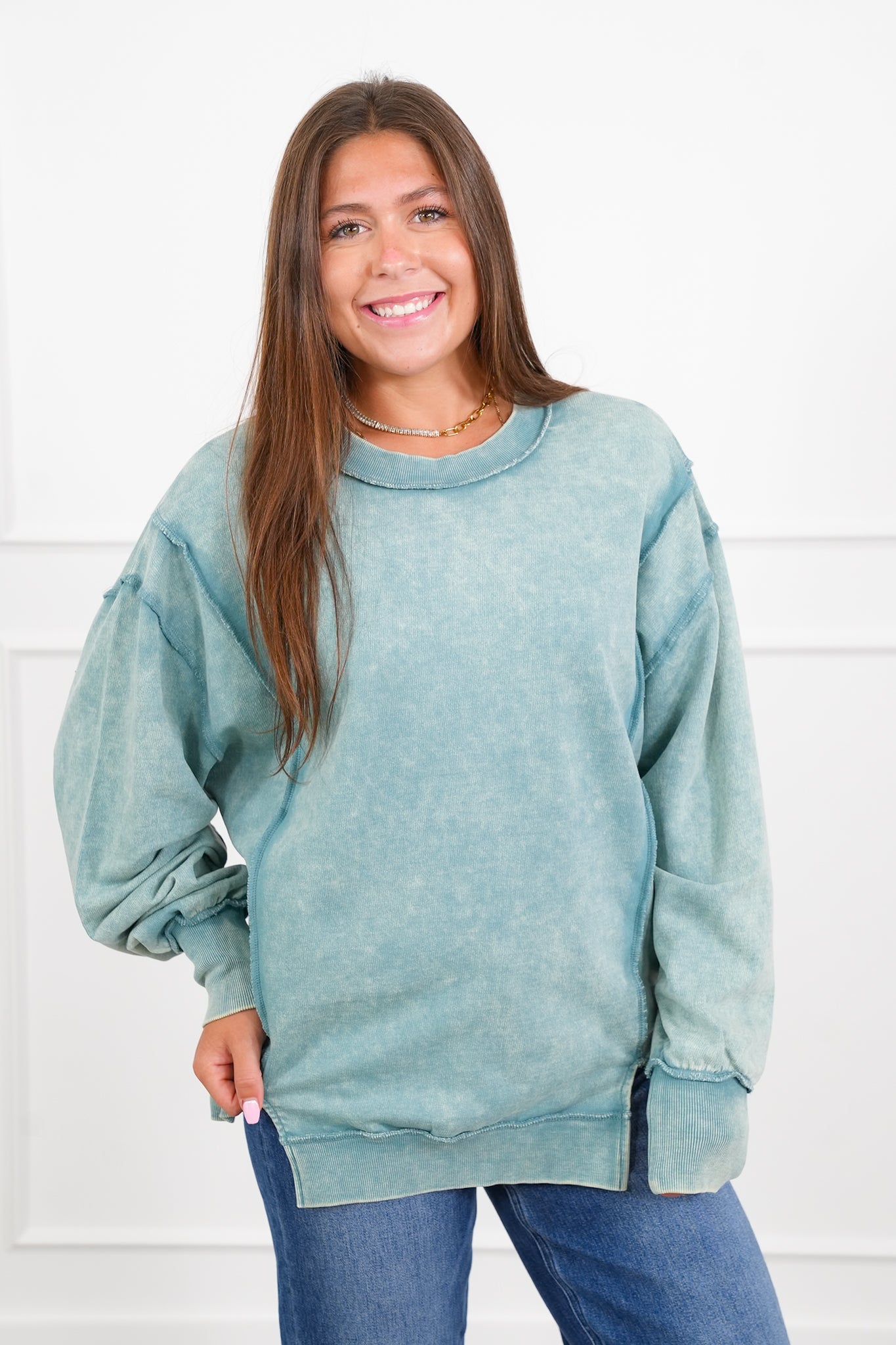 Door Busters! Plus/Reg Zenana Acid Wash Terry Exposed Seam Sweatshirt