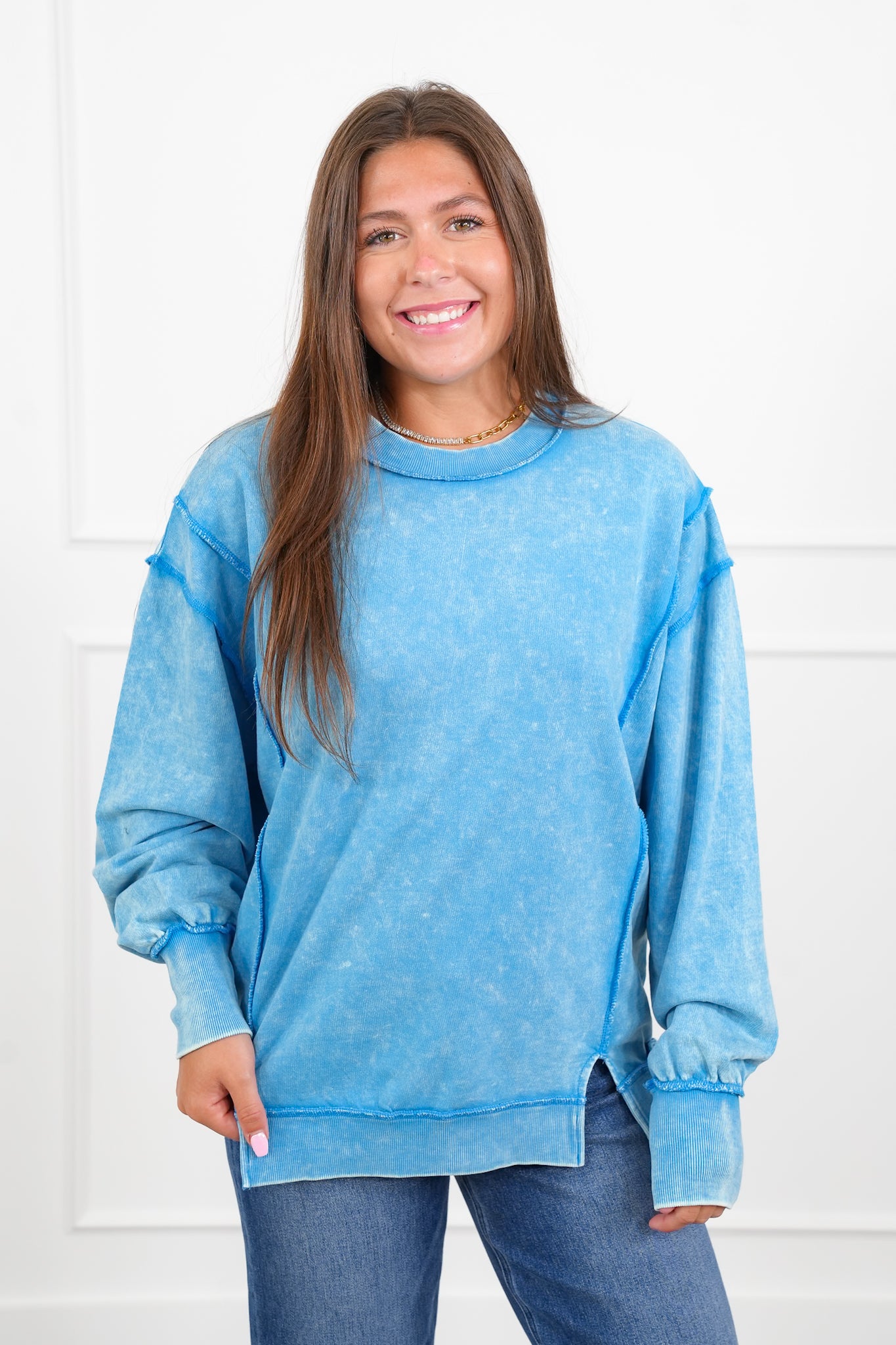 Door Busters! Plus/Reg Zenana Acid Wash Terry Exposed Seam Sweatshirt