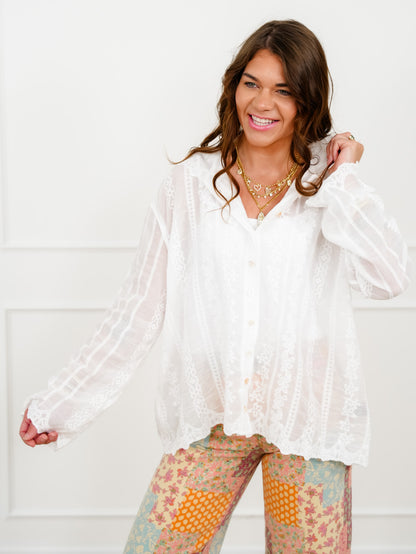 POL Crochet Long Sleeve Button Up Hoodie Top
