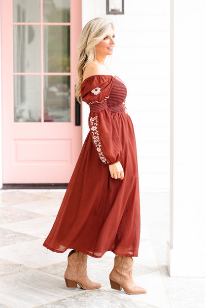 Long Puff Sleeve Square Neck Maxi Dress with Embroidered