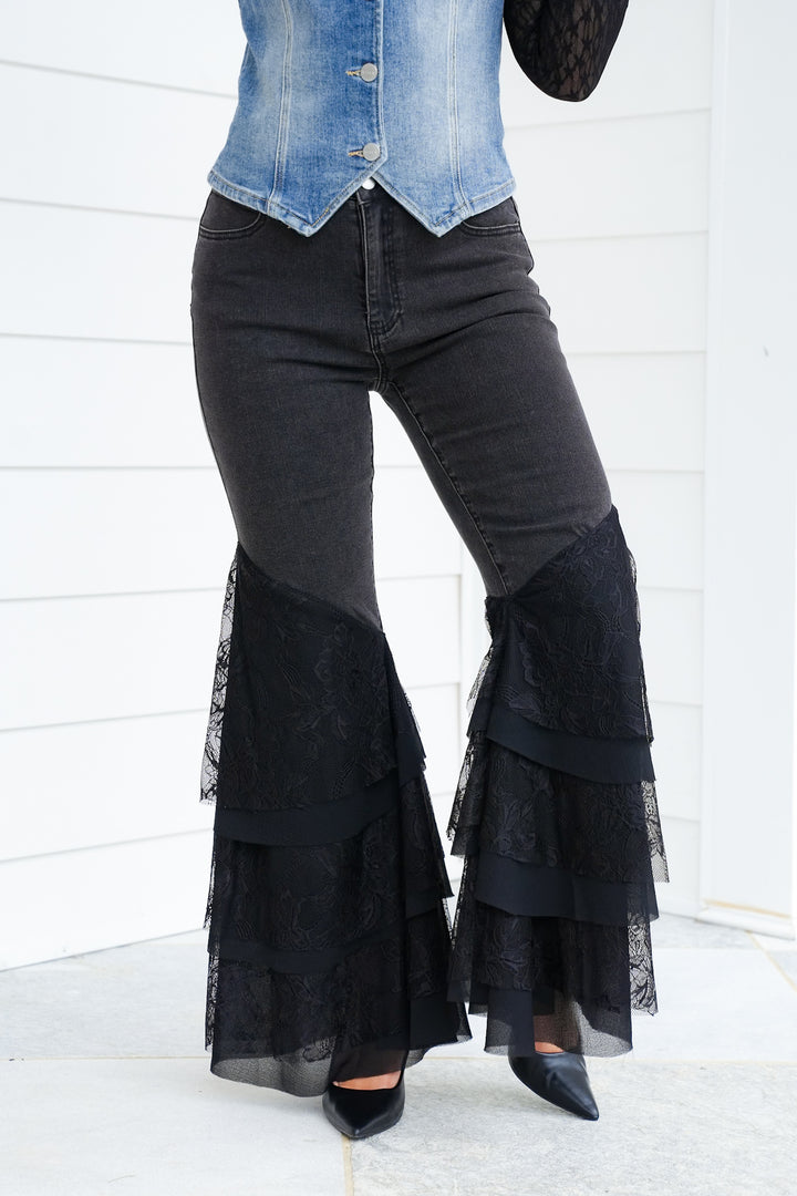 Black Mid Rise Flared Tiered Lace Jeans