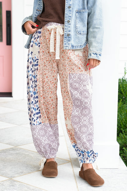 POL Floral Patchwork Elastic Waist Woven Pants