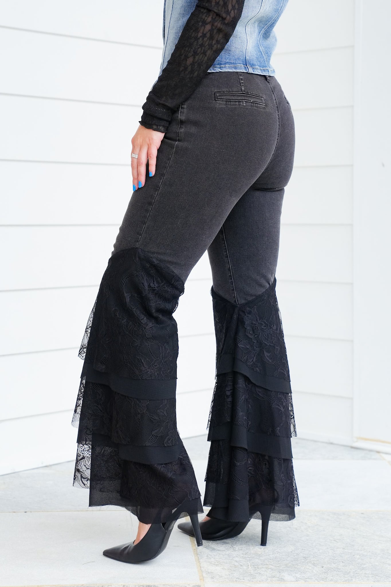 Black Mid Rise Flared Tiered Lace Jeans
