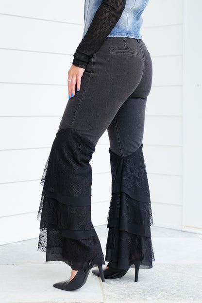 Black Mid Rise Flared Tiered Lace Jeans