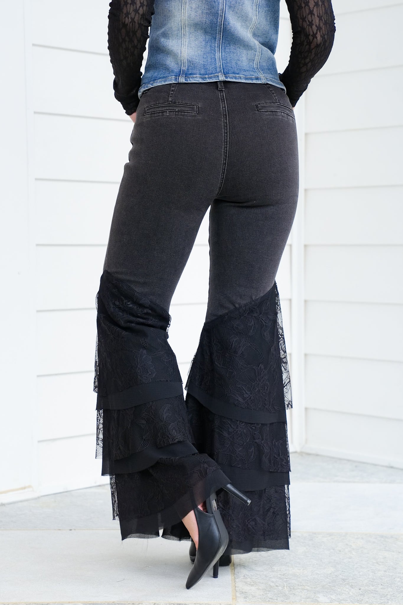 Black Mid Rise Flared Tiered Lace Jeans