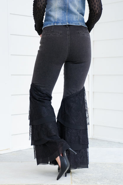 Black Mid Rise Flared Tiered Lace Jeans