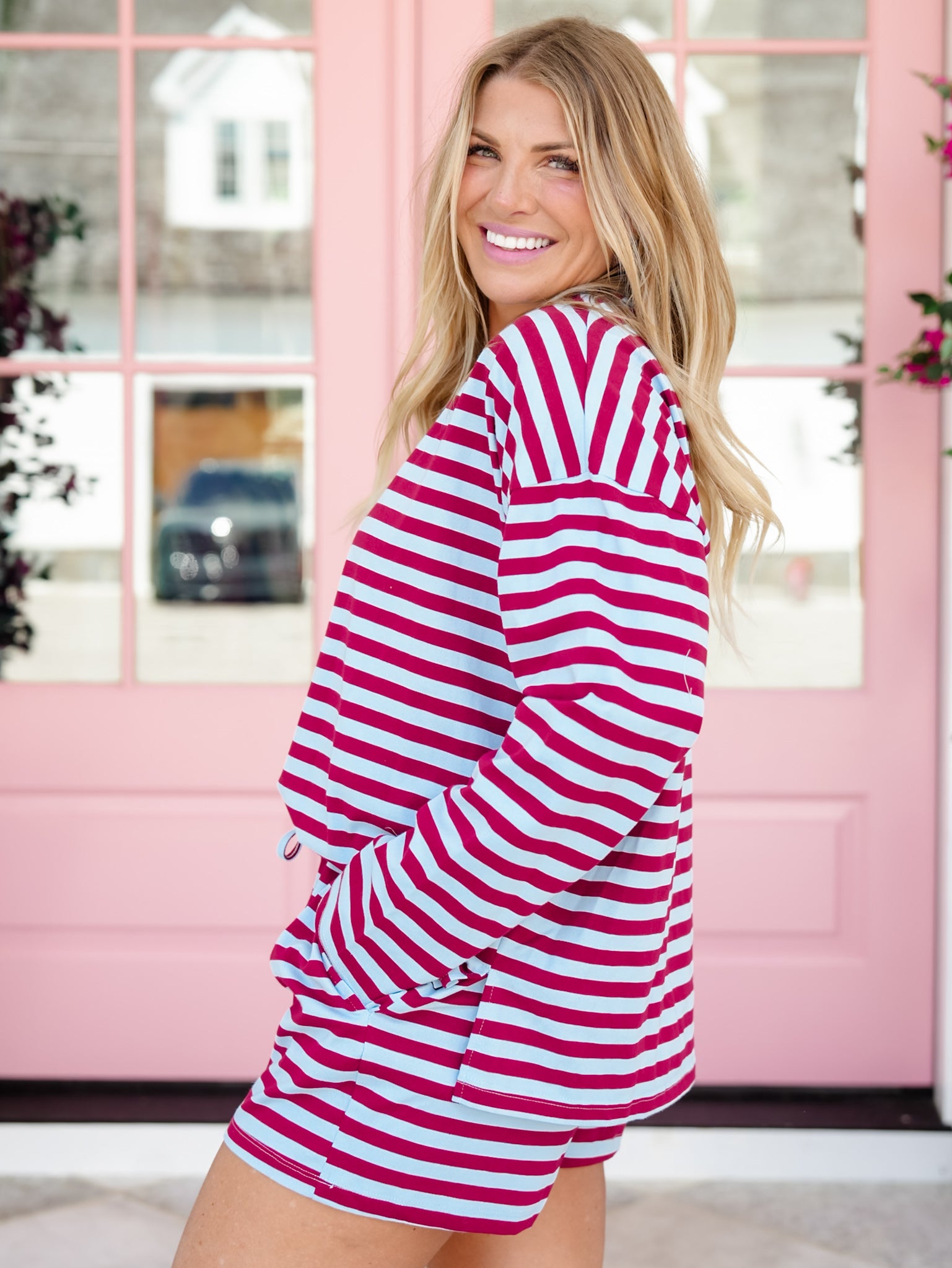 Striped Knit Long Sleeve Top and Shorts Set - Freckled Poppy