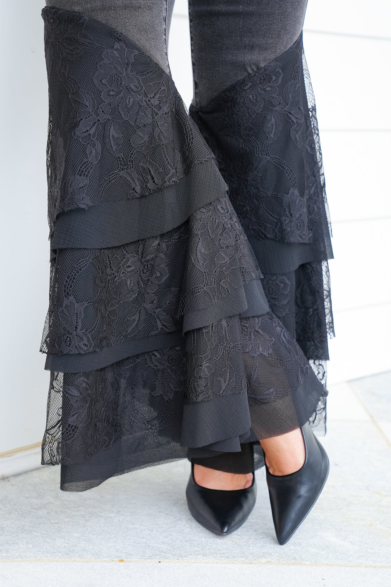 Black Mid Rise Flared Tiered Lace Jeans