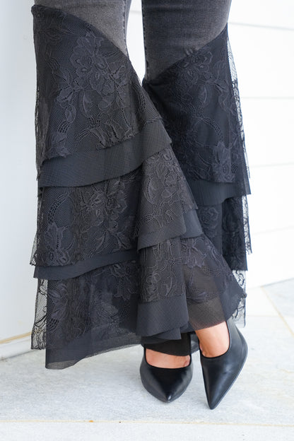 Black Mid Rise Flared Tiered Lace Jeans
