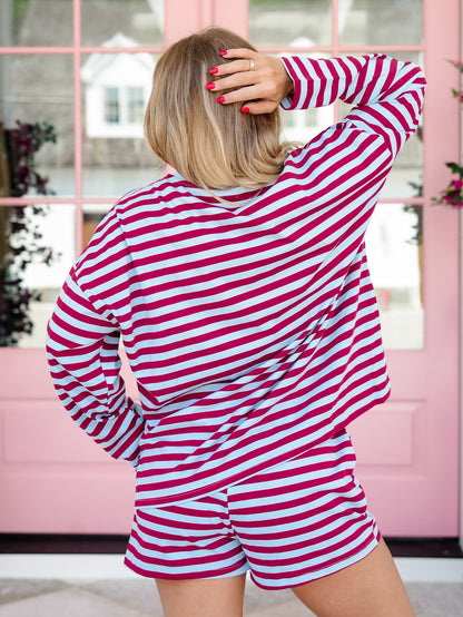Striped Knit Long Sleeve Top and Shorts Set - Freckled Poppy