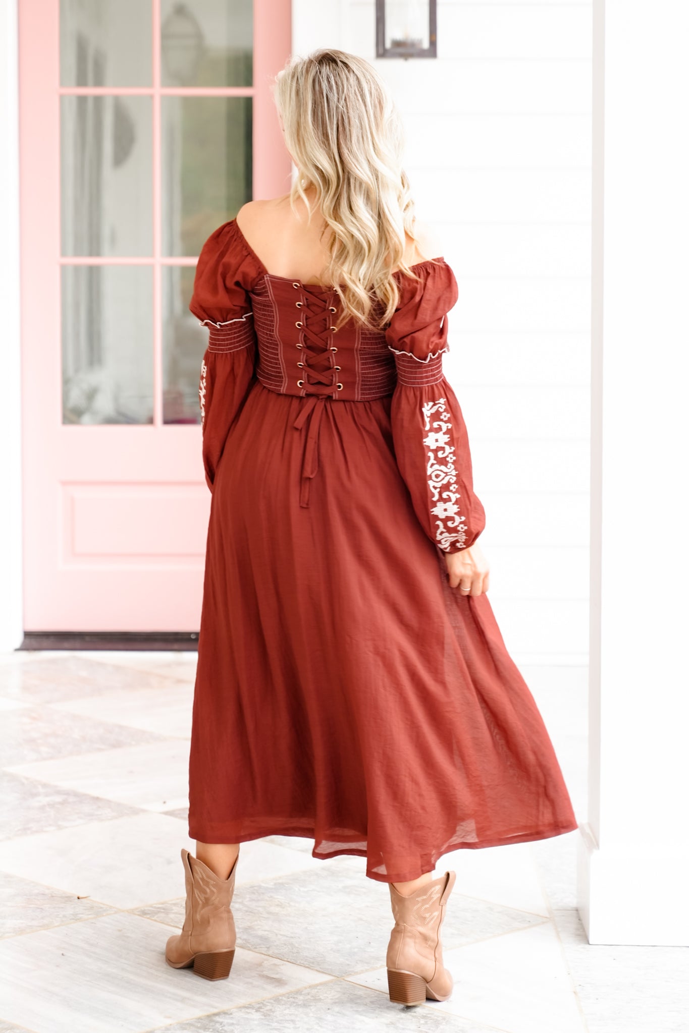 Long Puff Sleeve Square Neck Maxi Dress with Embroidered