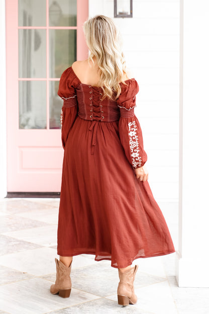 Long Puff Sleeve Square Neck Maxi Dress with Embroidered