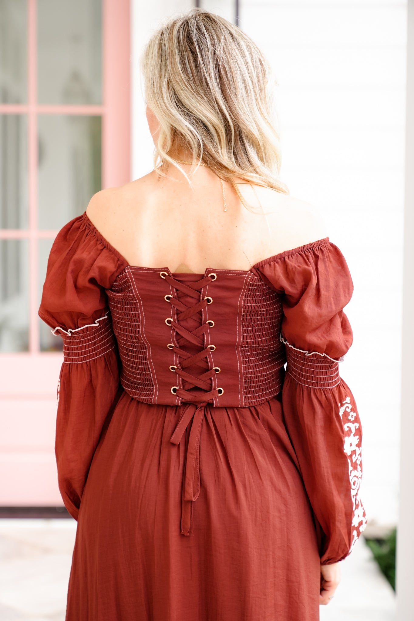 Long Puff Sleeve Square Neck Maxi Dress with Embroidered