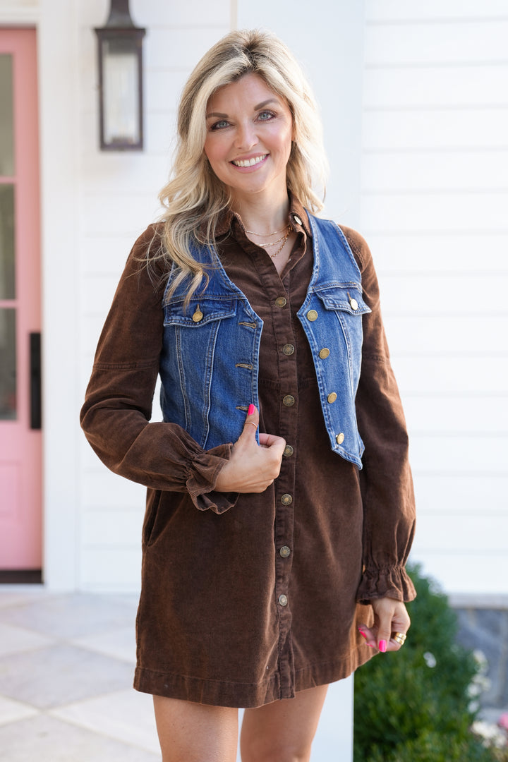 Corduroy Long Sleeve Button Down Mini Shirt Dress