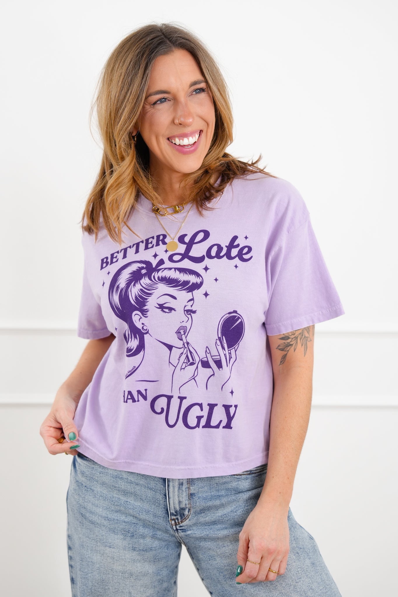 Plus/Reg Short Sleeve "Better Late Than Ugly" Graphic Tee