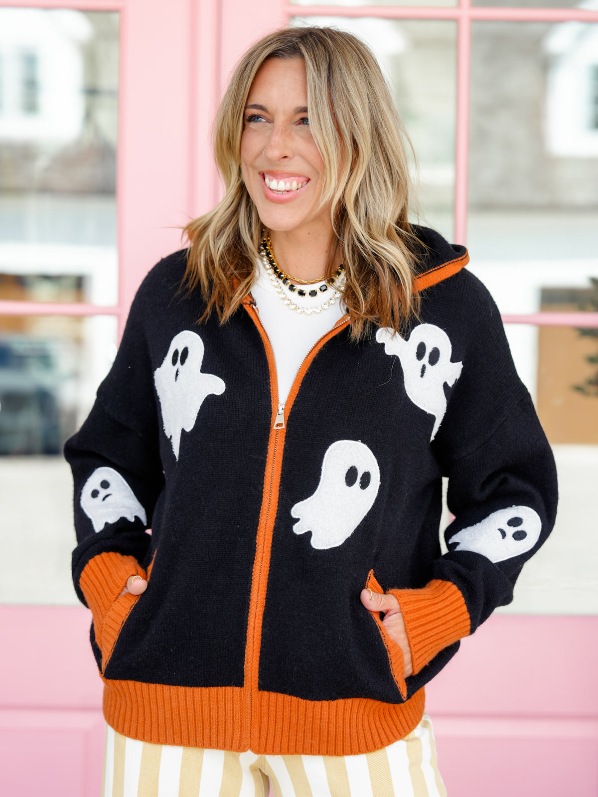 Ghost Patch Long Sleeve Zip Up Hoodie - Freckled Poppy