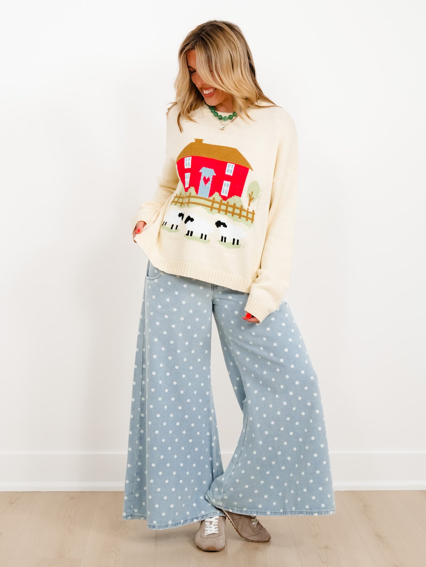 Countryside Cottage Motif Long Sleeve Pullover Sweater