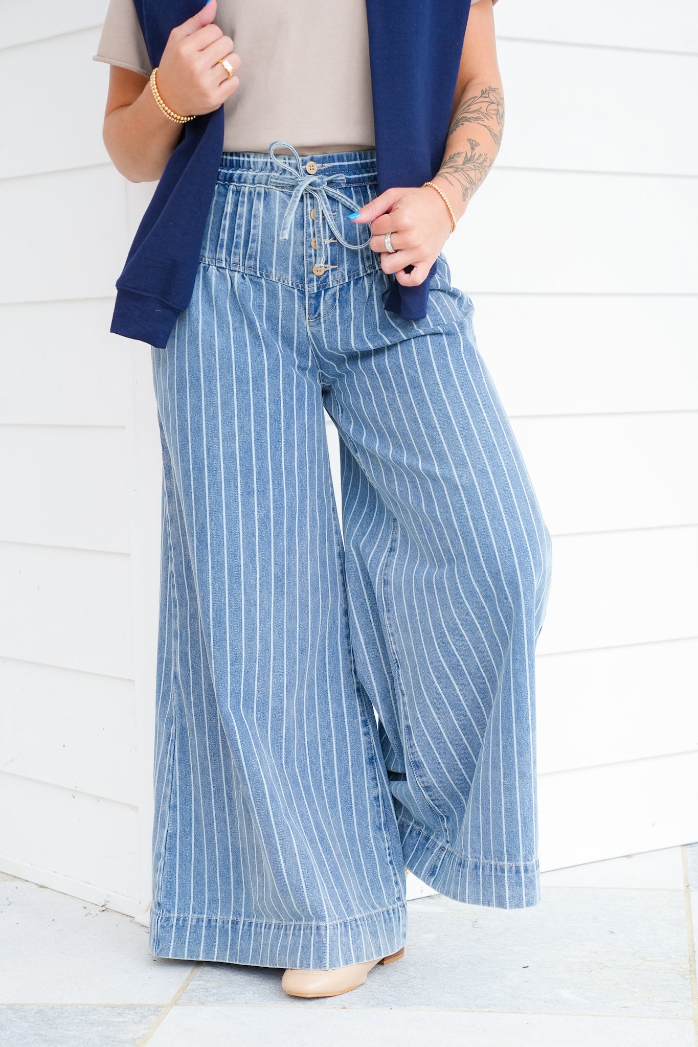 Stripe Denim Button Fly Wide Leg Jeans