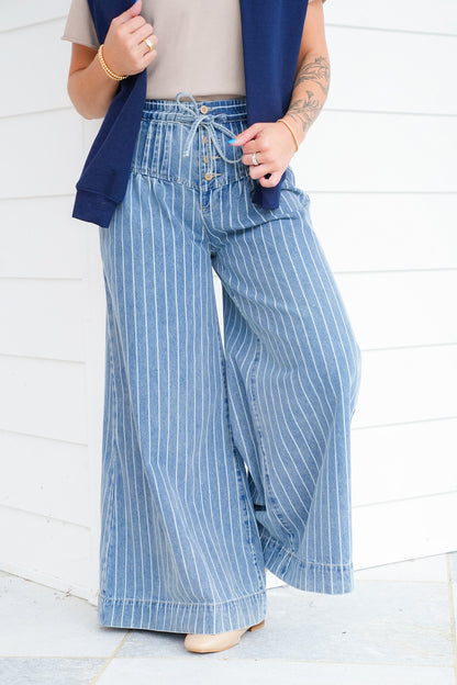 Stripe Denim Button Fly Wide Leg Jeans
