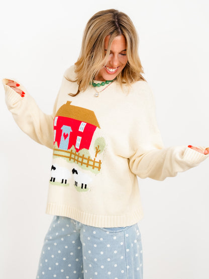 Countryside Cottage Motif Long Sleeve Pullover Sweater