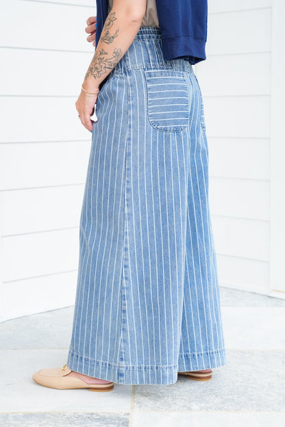 Stripe Denim Button Fly Wide Leg Jeans