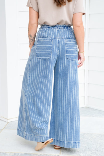 Stripe Denim Button Fly Wide Leg Jeans