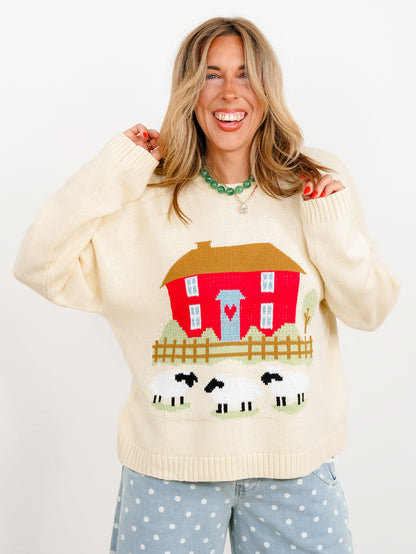 Countryside Cottage Motif Long Sleeve Pullover Sweater