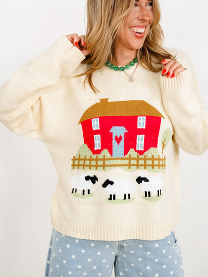 Countryside Cottage Motif Long Sleeve Pullover Sweater