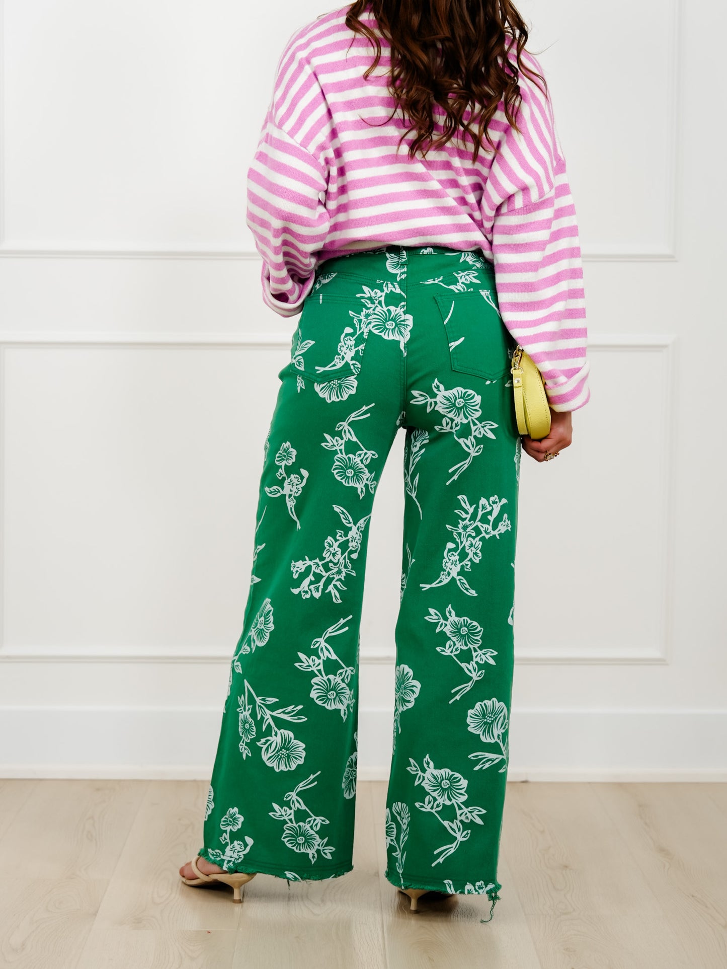 Green Floral Print High Waist Twill Pants