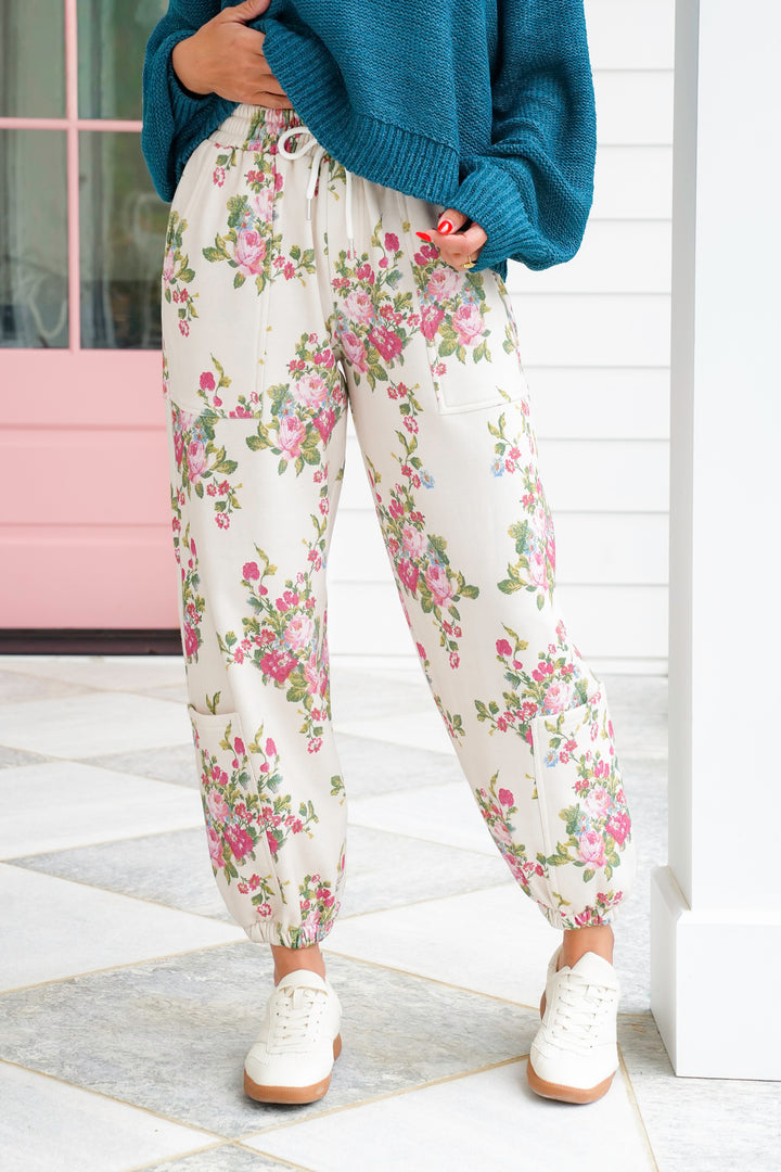 Floral Print Elastic Waist Jogger with Drawstring