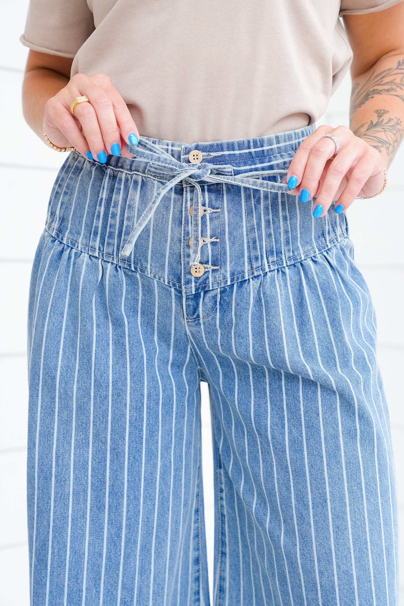 Stripe Denim Button Fly Wide Leg Jeans