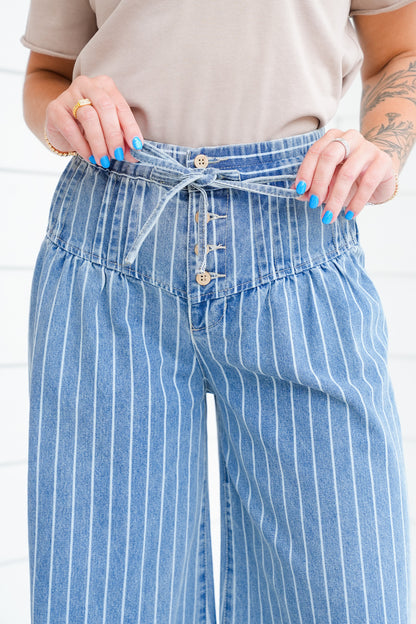 Stripe Denim Button Fly Wide Leg Jeans