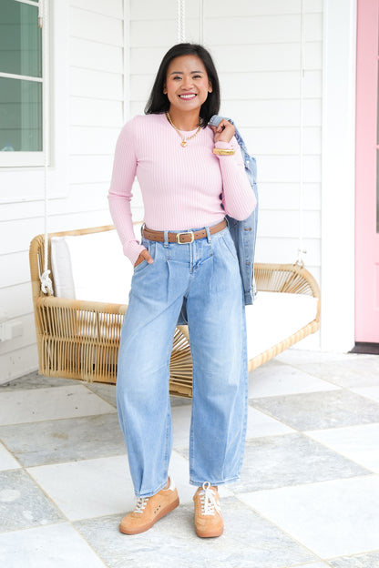 Ribbed Knit Long Sleeve Crew Neck Top