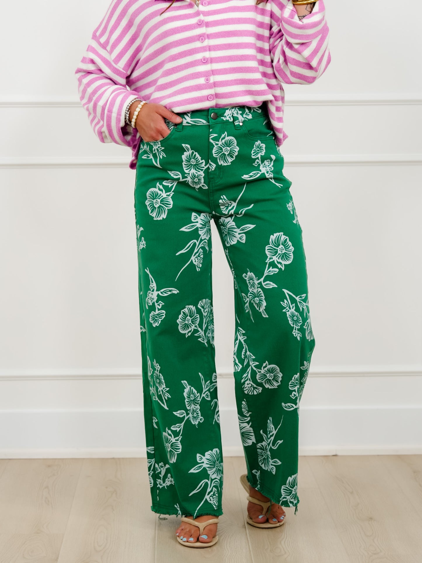 Green Floral Print High Waist Twill Pants