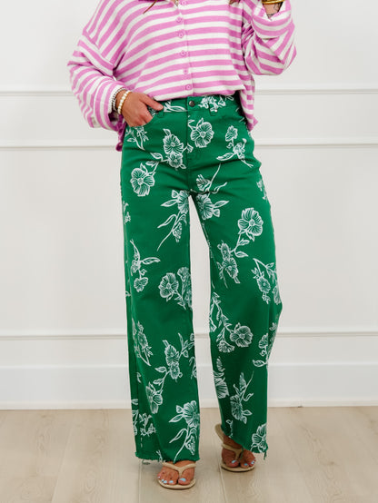 Green Floral Print High Waist Twill Pants