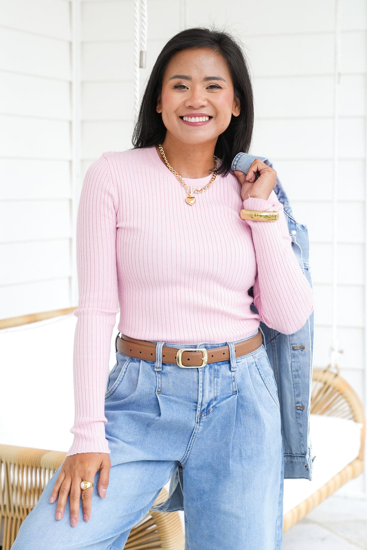 Ribbed Knit Long Sleeve Crew Neck Top